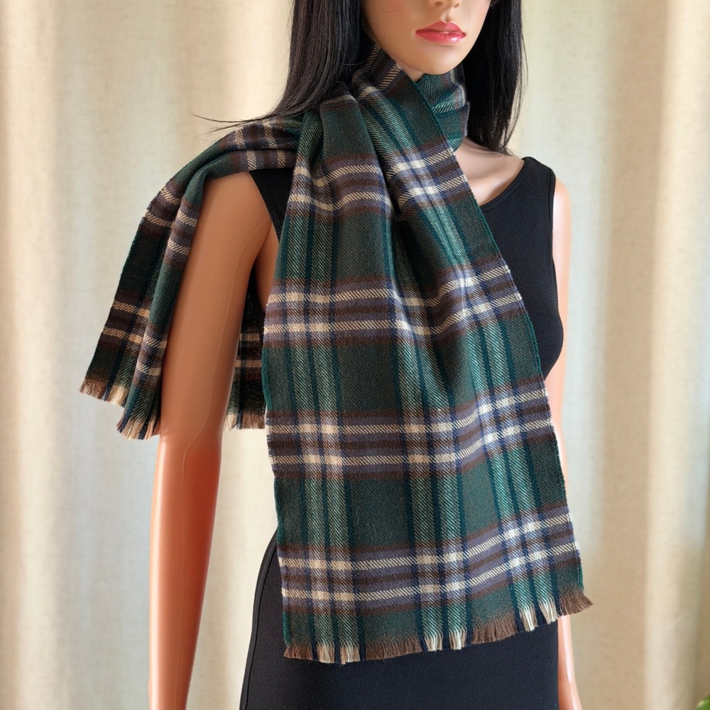 Vtg 70s Rooster Scrooge Merino Wool Green Plaid Tartan Scarf Dark Academia Cabin